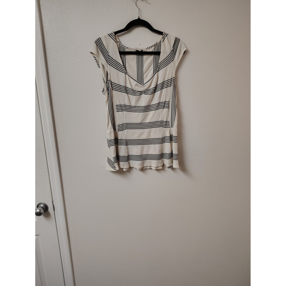 Anthropologie Postmark Striped Peplum Top Cap Sleeve V-Neck Cream Navy XL